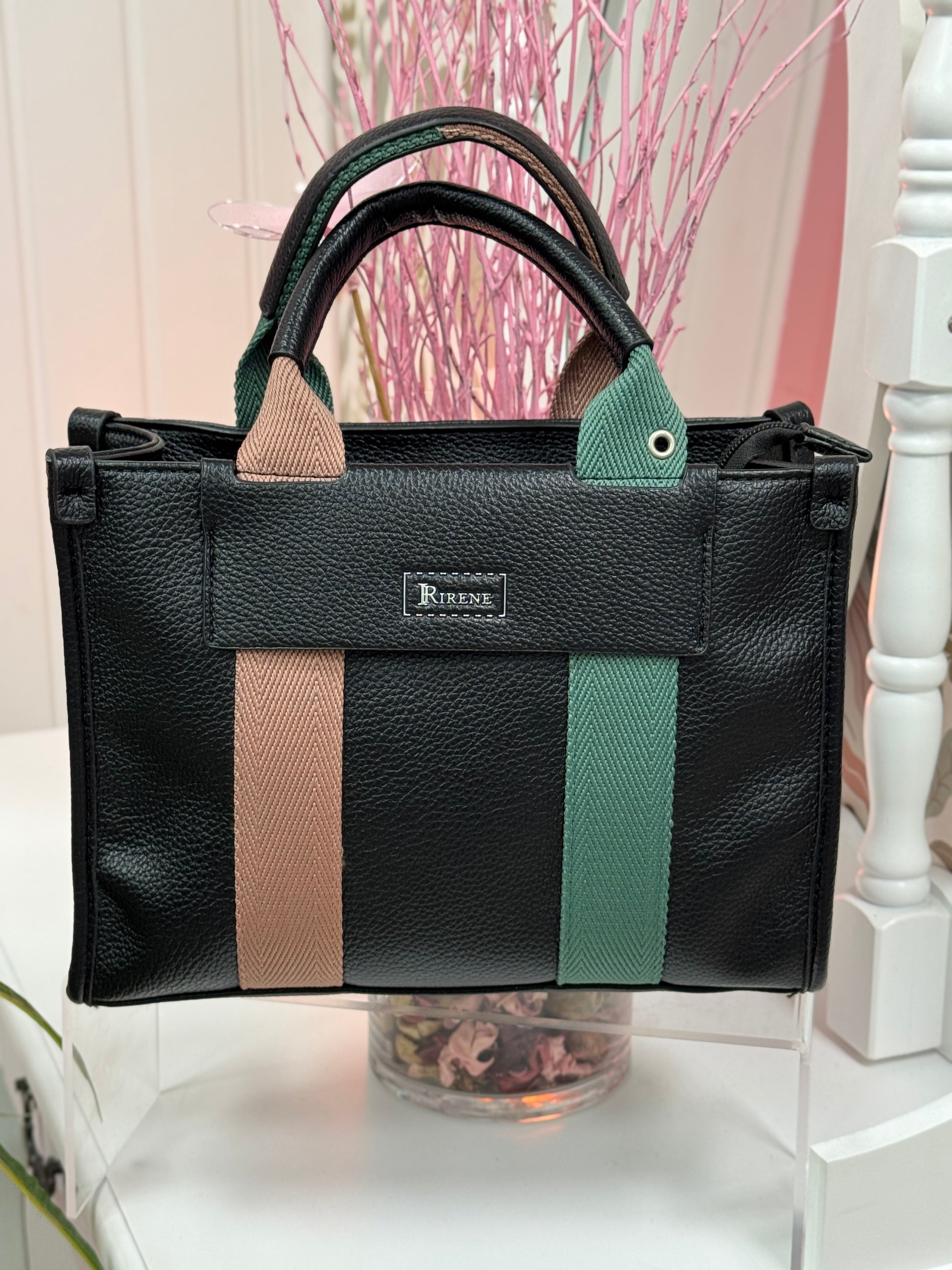 BOLSO NEGRO RAYA ROSA Y VERDE