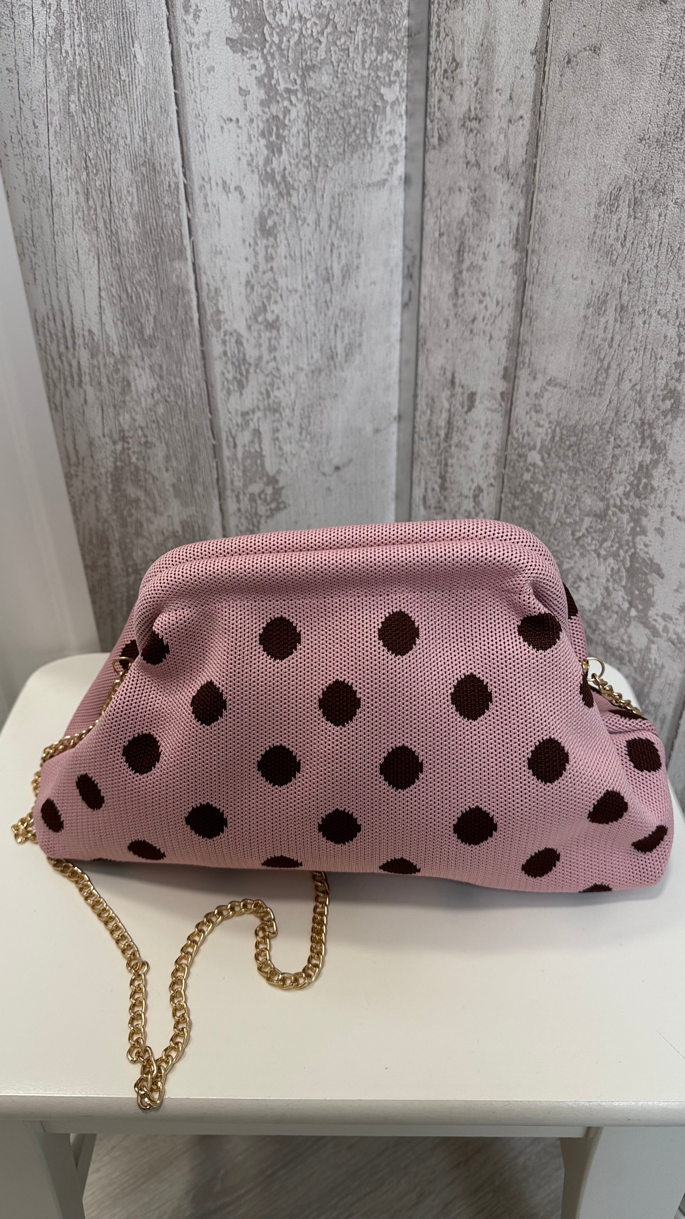 BOLSO POLIÉSTER TOPOS ROSA Y CHOCOLATE