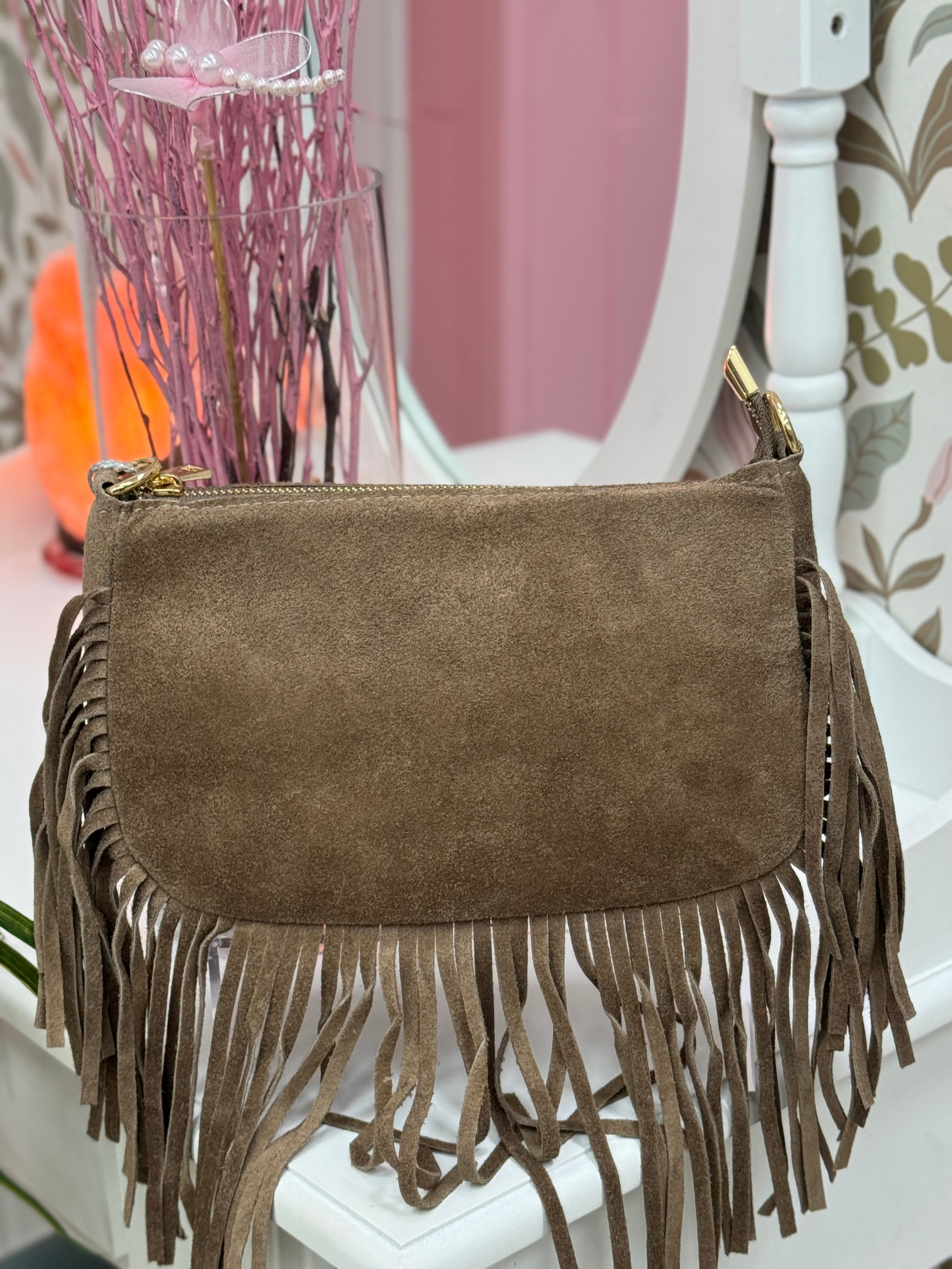 BOLSO PIEL VUELTA FLECOS TOPO